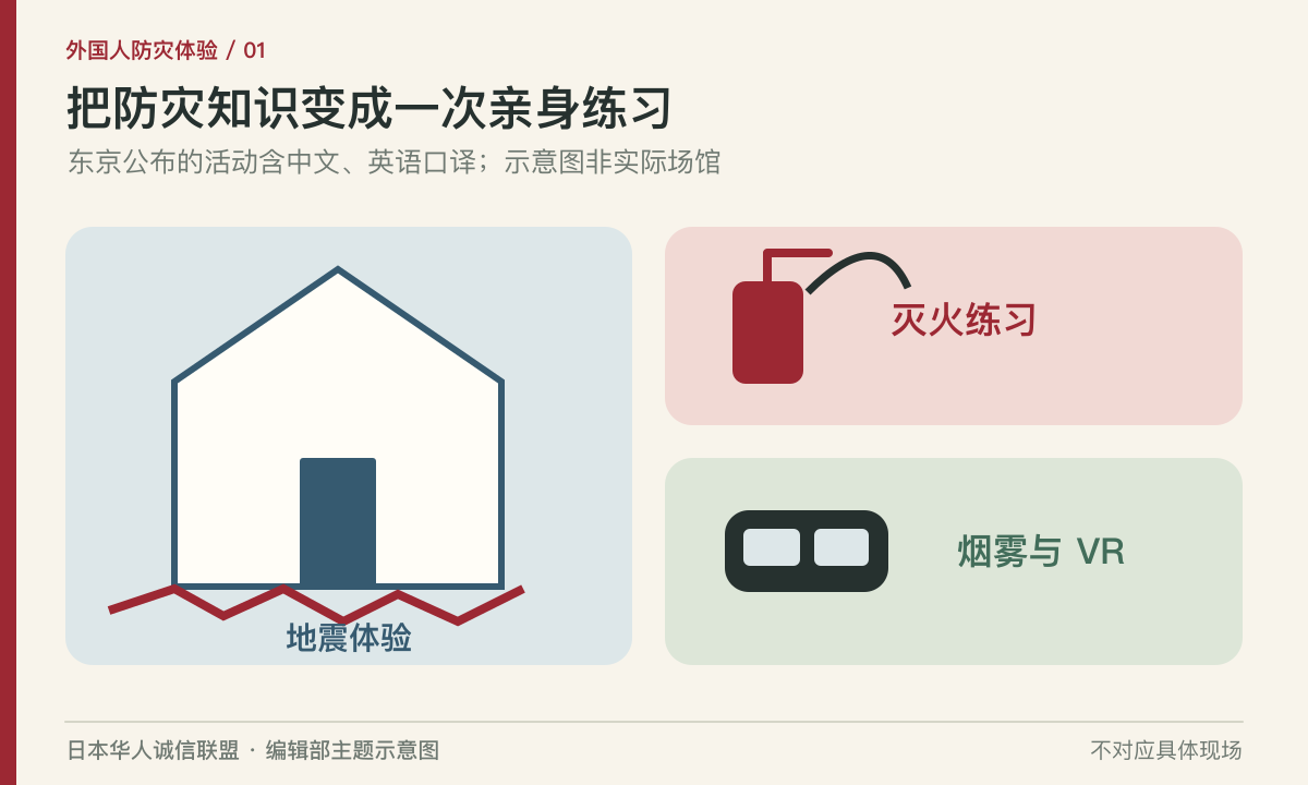 地震、灭火、烟雾与VR防灾体验的主题示意图。编辑部主题示意图,不对应具体现场。